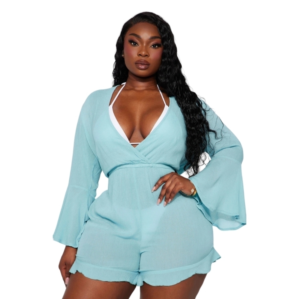 Sky Blue Beach Romper From Fashion Nova